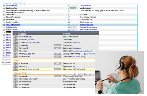 Translation work in progress with translator at computer screen